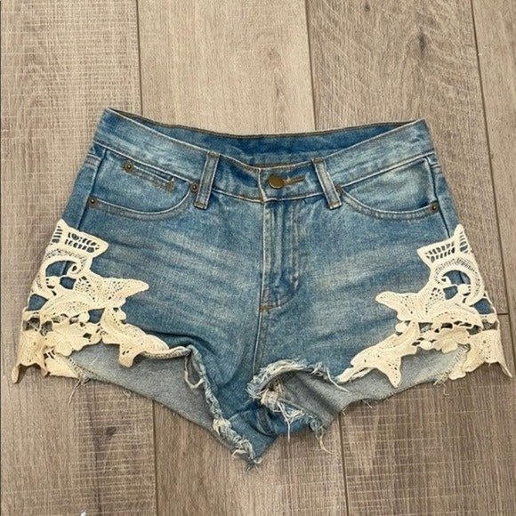 MYK Jean Shorts Blue High Waisted Cut Out High Rise White Lace Detail Small - Picture 1 of 4